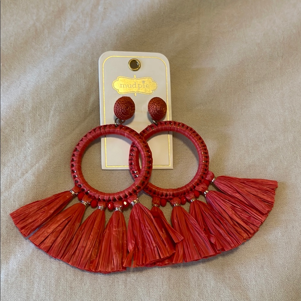 Mud Pie Red Statement Earrings With Fringe 6$